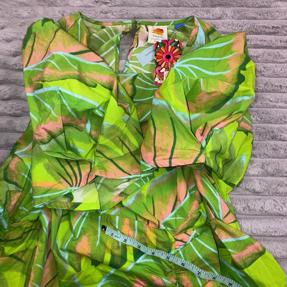 NWT FARM RIO 3XL Anthropologie Puff-Sleeve Mini Dress Lime Green Floral Ruffle - Picture 7 of 11